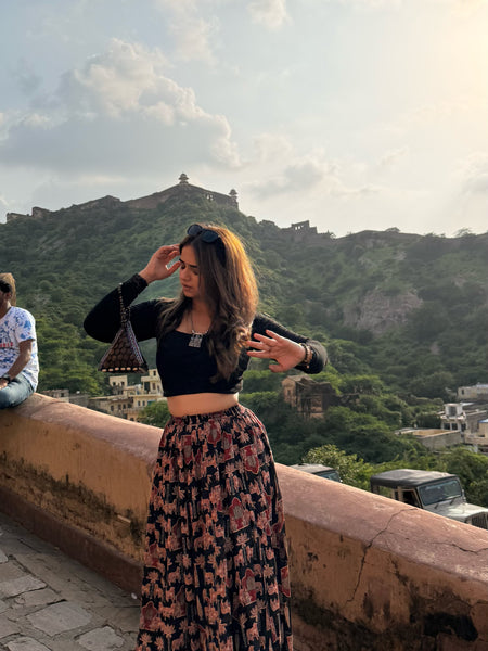 Midnight Bloom Printed Flared Skirt Mizazjaipur