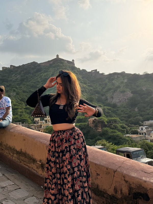 Midnight Bloom Printed Flared Skirt Mizazjaipur