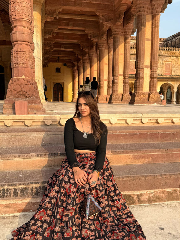 Midnight Bloom Printed Flared Skirt Mizazjaipur