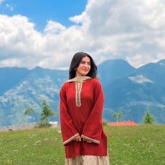 Brick Pure Cotton Solid Round Neck Full Sleeves Hip Length Straight Kurta Farshi Salwar And Dupatta Set