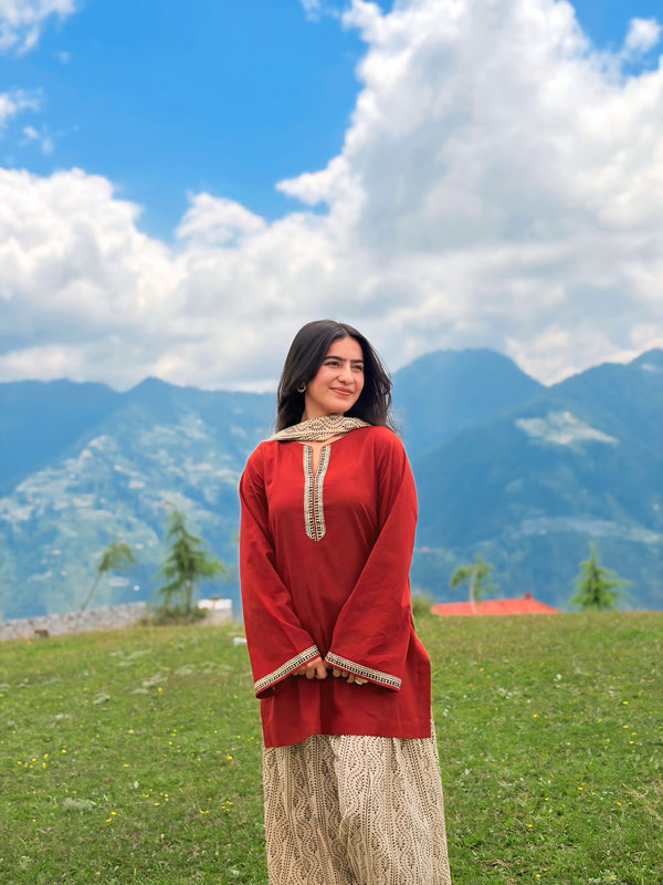 Brick Pure Cotton Solid Round Neck Full Sleeves Hip Length Straight Kurta Farshi Salwar And Dupatta Set