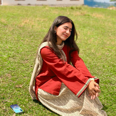 Brick Pure Cotton Solid Round Neck Full Sleeves Hip Length Straight Kurta Farshi Salwar And Dupatta Set