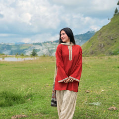 Brick Pure Cotton Solid Round Neck Full Sleeves Hip Length Straight Kurta Farshi Salwar And Dupatta Set