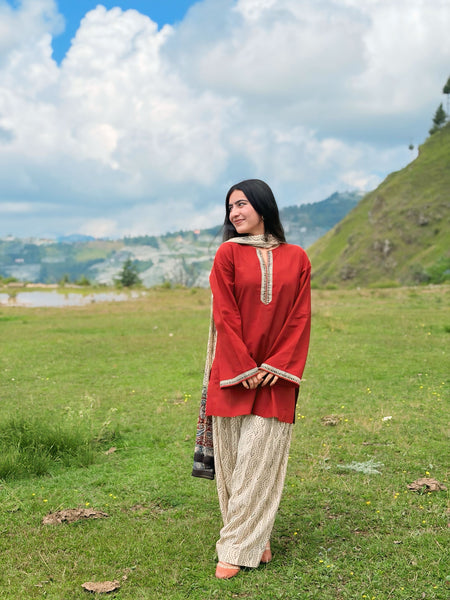 Brick Pure Cotton Solid Round Neck Full Sleeves Hip Length Straight Kurta Farshi Salwar And Dupatta Set Mizazjaipur