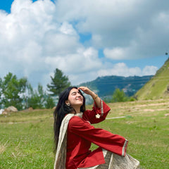 Brick Pure Cotton Solid Round Neck Full Sleeves Hip Length Straight Kurta Farshi Salwar And Dupatta Set
