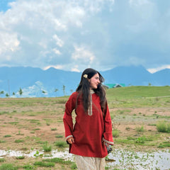 Brick Pure Cotton Solid Round Neck Full Sleeves Hip Length Straight Kurta Farshi Salwar And Dupatta Set