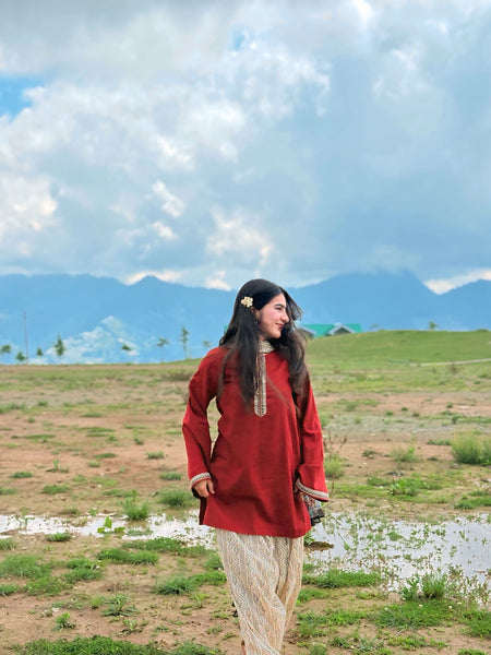 Brick Pure Cotton Solid Round Neck Full Sleeves Hip Length Straight Kurta Farshi Salwar And Dupatta Set Mizazjaipur