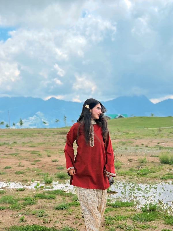 Brick Pure Cotton Solid Round Neck Full Sleeves Hip Length Straight Kurta Farshi Salwar And Dupatta Set