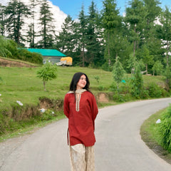 Brick Pure Cotton Solid Round Neck Full Sleeves Hip Length Straight Kurta Farshi Salwar And Dupatta Set