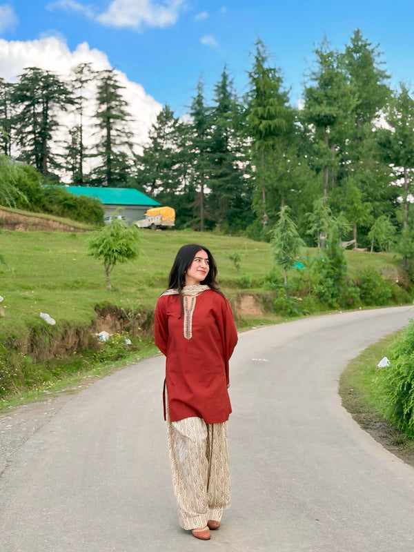 Brick Pure Cotton Solid Round Neck Full Sleeves Hip Length Straight Kurta Farshi Salwar And Dupatta Set