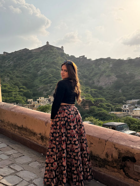 Midnight Bloom Printed Flared Skirt Mizazjaipur