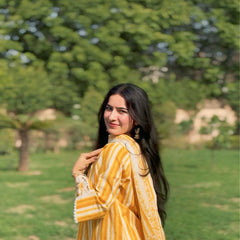 Yellow Pure Cotton Printed V-Neck Full Sleeves Hip Length Straight Kurta Farshi Salwar And Dupatta Set