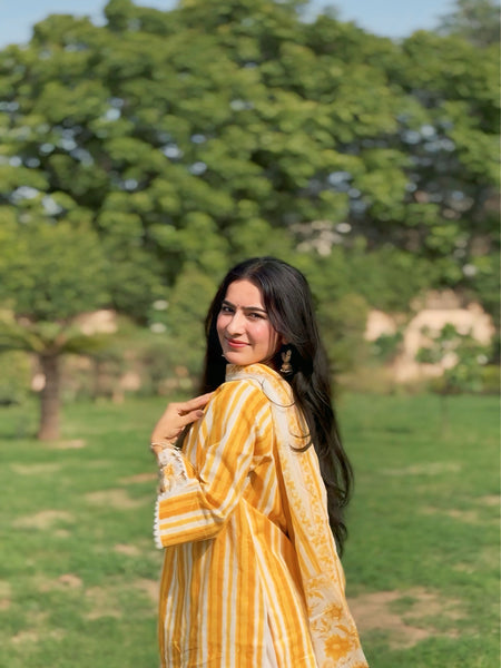 Yellow Pure Cotton Printed V-Neck Full Sleeves Hip Length Straight Kurta Farshi Salwar And Dupatta Set Mizazjaipur