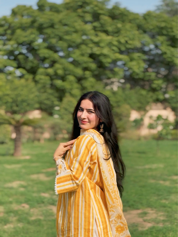 Yellow Pure Cotton Printed V-Neck Full Sleeves Hip Length Straight Kurta Farshi Salwar And Dupatta Set