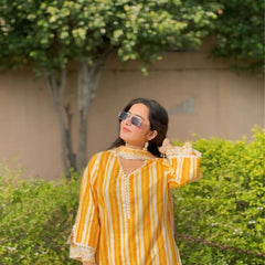 Yellow Pure Cotton Printed V-Neck Full Sleeves Hip Length Straight Kurta Farshi Salwar And Dupatta Set