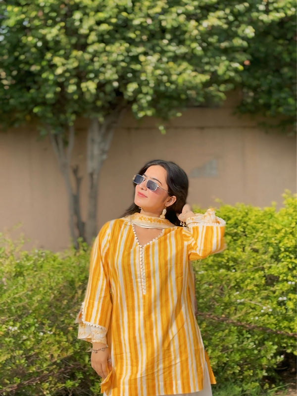 Yellow Pure Cotton Printed V-Neck Full Sleeves Hip Length Straight Kurta Farshi Salwar And Dupatta Set