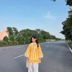 Yellow Pure Cotton Printed V-Neck Full Sleeves Hip Length Straight Kurta Farshi Salwar And Dupatta Set