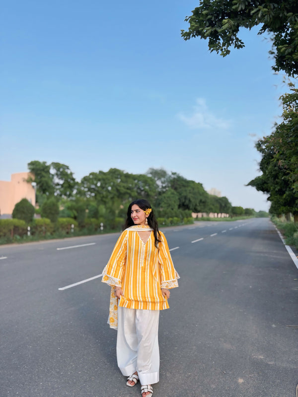 Yellow Pure Cotton Printed V-Neck Full Sleeves Hip Length Straight Kurta Farshi Salwar And Dupatta Set