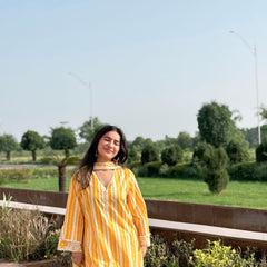 Yellow Pure Cotton Printed V-Neck Full Sleeves Hip Length Straight Kurta Farshi Salwar And Dupatta Set
