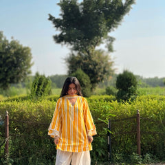 Yellow Pure Cotton Printed V-Neck Full Sleeves Hip Length Straight Kurta Farshi Salwar And Dupatta Set