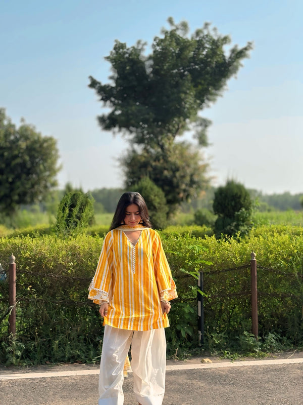 Yellow Pure Cotton Printed V-Neck Full Sleeves Hip Length Straight Kurta Farshi Salwar And Dupatta Set