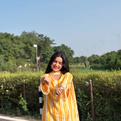 Yellow Pure Cotton Printed V-Neck Full Sleeves Hip Length Straight Kurta Farshi Salwar And Dupatta Set