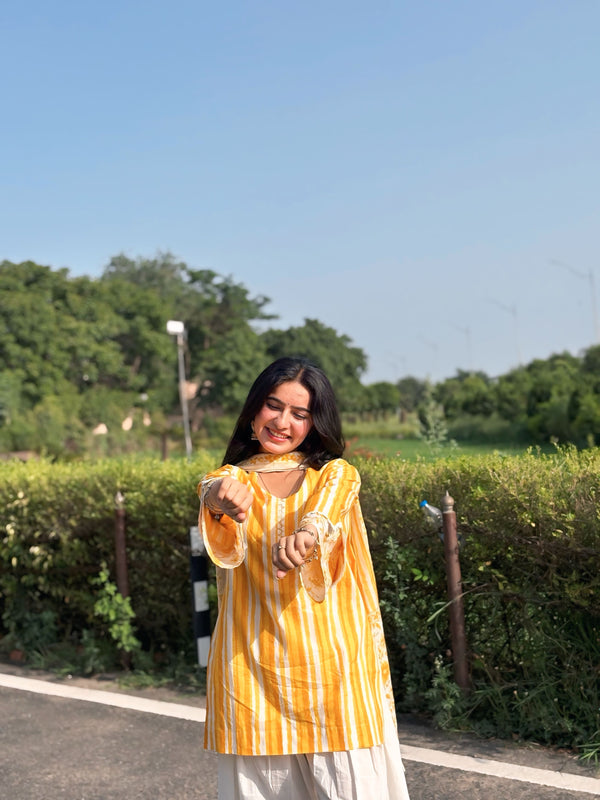 Yellow Pure Cotton Printed V-Neck Full Sleeves Hip Length Straight Kurta Farshi Salwar And Dupatta Set