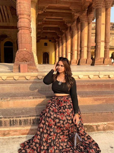 Midnight Bloom Printed Flared Skirt Mizazjaipur