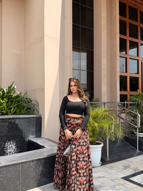 Midnight Bloom Printed Flared Skirt Mizazjaipur