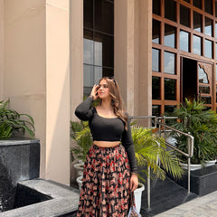 Midnight Bloom Printed Flared Skirt Mizazjaipur