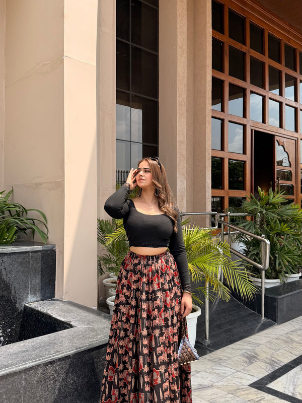 Midnight Bloom Printed Flared Skirt Mizazjaipur