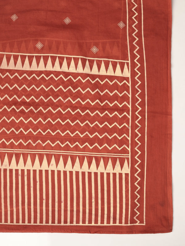 Rust Orange Pure Cotton Printed Round Neck Full Sleeves Ankle Length Flared Kurta Pant And Dupatta Set Mizazjaipur