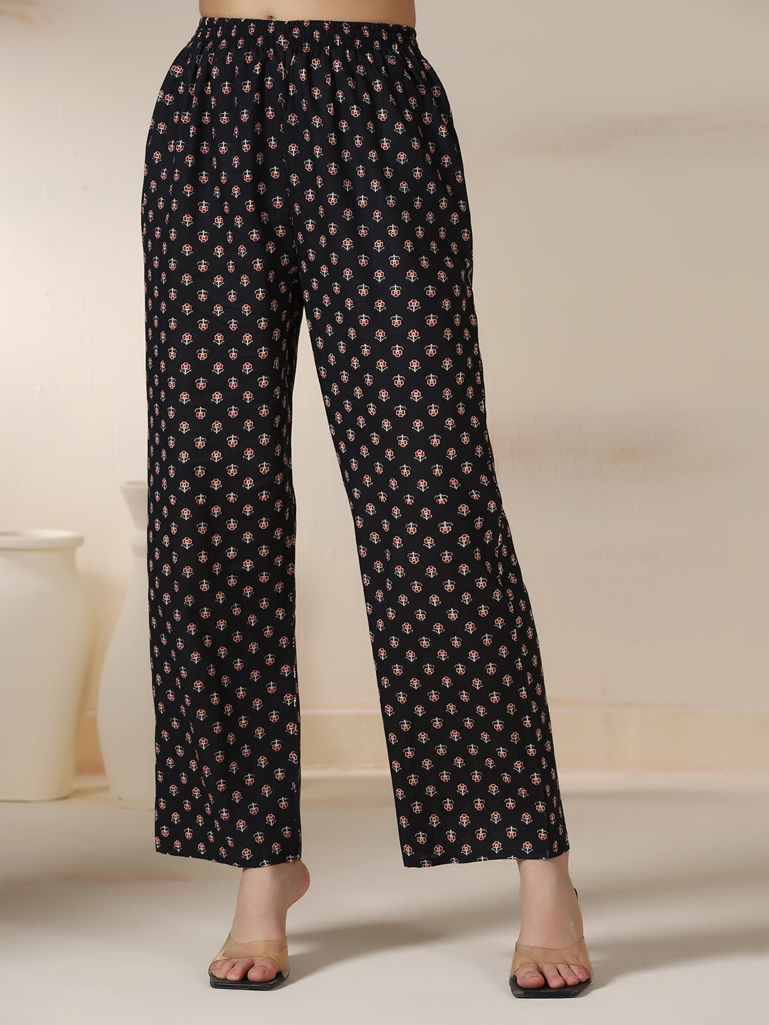 Black Pure Cotton Printed Round Neck 3/4 Sleeves Calf Length Flared Kurta Pant And Dupatta Set Mizazjaipur