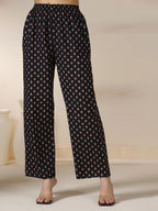 Black Pure Cotton Printed Sequence Work Round Neck 3/4 Sleeves Calf Length Flared Kurta Pant And Dupatta Set Mizazjaipur