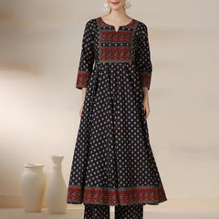 Black Pure Cotton Printed Round Neck 3/4 Sleeves Calf Length Flared Kurta Pant And Dupatta Set Mizazjaipur
