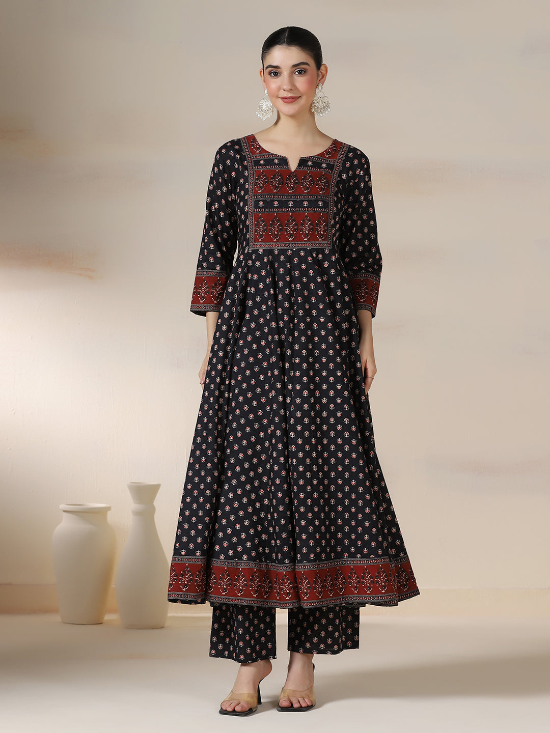 Black Pure Cotton Printed Round Neck 3/4 Sleeves Calf Length Flared Kurta Pant And Dupatta Set Mizazjaipur