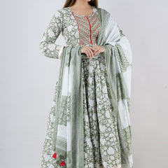 Mintgreen Pure Cotton Floral Round Neck Anarkali Kurta, Pant & Dupatta Set For Women Mizaz Jaipur