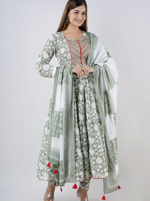 Mintgreen Pure Cotton Floral Round Neck Anarkali Kurta, Pant & Dupatta Set For Women Mizaz Jaipur