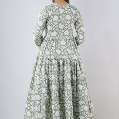 Mintgreen Pure Cotton Floral Round Neck Anarkali Kurta, Pant & Dupatta Set For Women Mizaz Jaipur