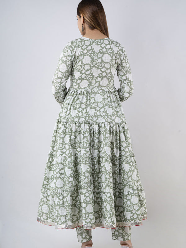 Mintgreen Pure Cotton Floral Round Neck Anarkali Kurta, Pant & Dupatta Set For Women Mizaz Jaipur