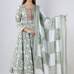 Mintgreen Pure Cotton Floral Round Neck Anarkali Kurta, Pant & Dupatta Set For Women Mizaz Jaipur
