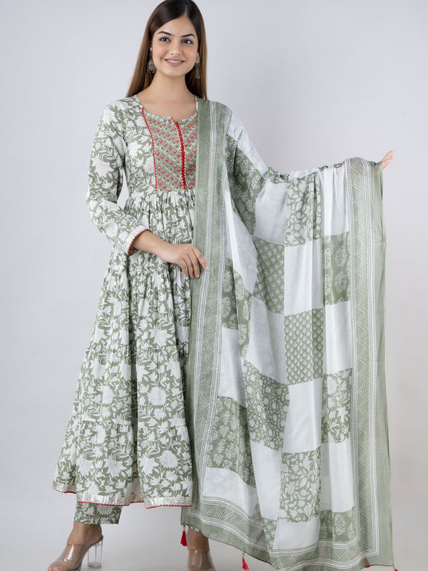 Mintgreen Pure Cotton Floral Round Neck Anarkali Kurta, Pant & Dupatta Set For Women Mizaz Jaipur