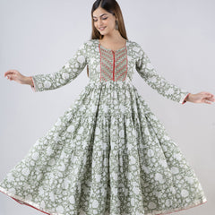Mintgreen Pure Cotton Floral Round Neck Anarkali Kurta, Pant & Dupatta Set For Women Mizaz Jaipur