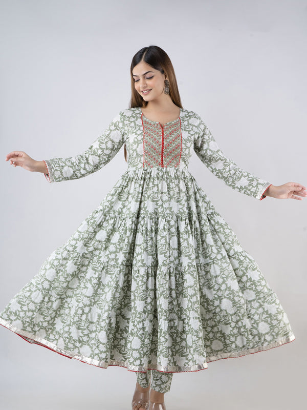 Mintgreen Pure Cotton Floral Round Neck Anarkali Kurta, Pant & Dupatta Set For Women Mizaz Jaipur