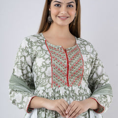 Mintgreen Pure Cotton Floral Round Neck Anarkali Kurta, Pant & Dupatta Set For Women Mizaz Jaipur
