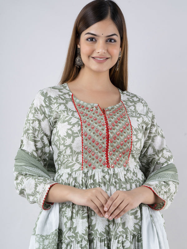 Mintgreen Pure Cotton Floral Round Neck Anarkali Kurta, Pant & Dupatta Set For Women Mizaz Jaipur