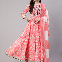 Peach Pure Cotton Floral Round Neck Anarkali Kurta, Pant & Dupatta Set For Women Mizaz Jaipur