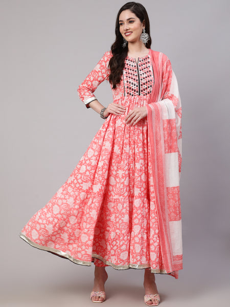 Peach Pure Cotton Floral Round Neck Anarkali Kurta, Pant & Dupatta Set For Women Mizaz Jaipur