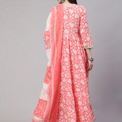 Peach Pure Cotton Floral Round Neck Anarkali Kurta, Pant & Dupatta Set For Women Mizaz Jaipur