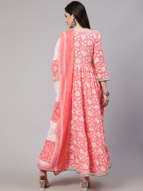 Peach Pure Cotton Floral Round Neck Anarkali Kurta, Pant & Dupatta Set For Women Mizaz Jaipur